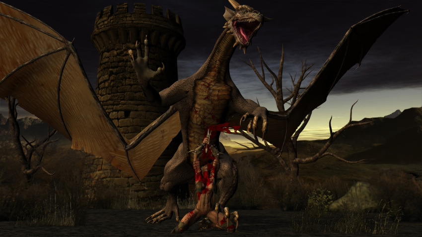 3d bleeding blood blood_spurt blood_stain dragon female gore human injury interspecies kneeling nudity outdoors puncture realism size_difference slayer stabbing sword weapon wound