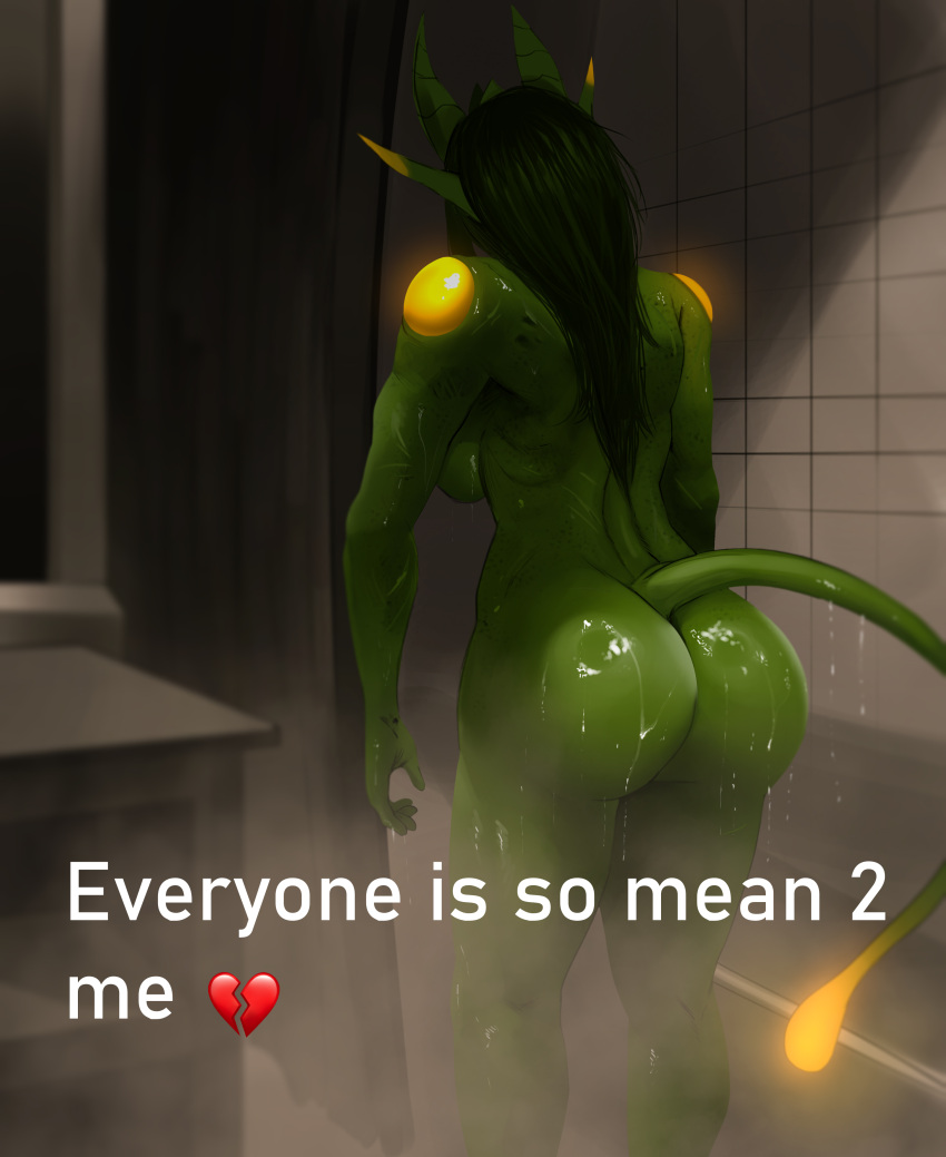 1girls alien alien_girl ass ass_focus big_breasts breasts chymlaxi completely_naked completely_naked_female completely_nude completely_nude_female everyone_is_so_mean_2_me female female_focus female_only green_skin horns meme natyss nude nude_female nyuunzi shower solo xenosexual