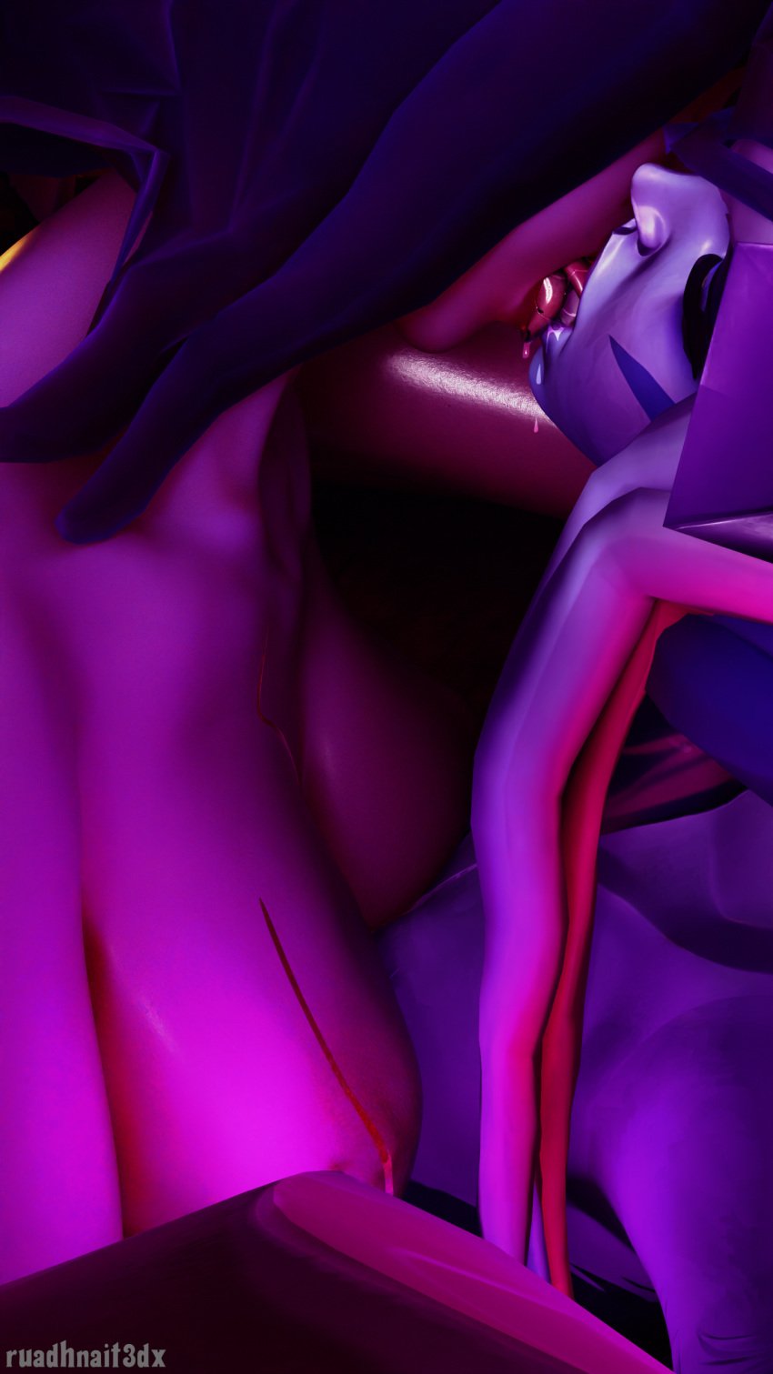 2girls 3d breasts closed_eyes elf_ears evelynn face_markings french_kiss horns kissing large_breasts league_of_legends lesbian_kiss morgana pink_skin purple_hair purple_skin ruadhnait3dx saliva saliva_trail self_upload succubus tongue tongue_kiss tongue_out watermark white_hair yuri