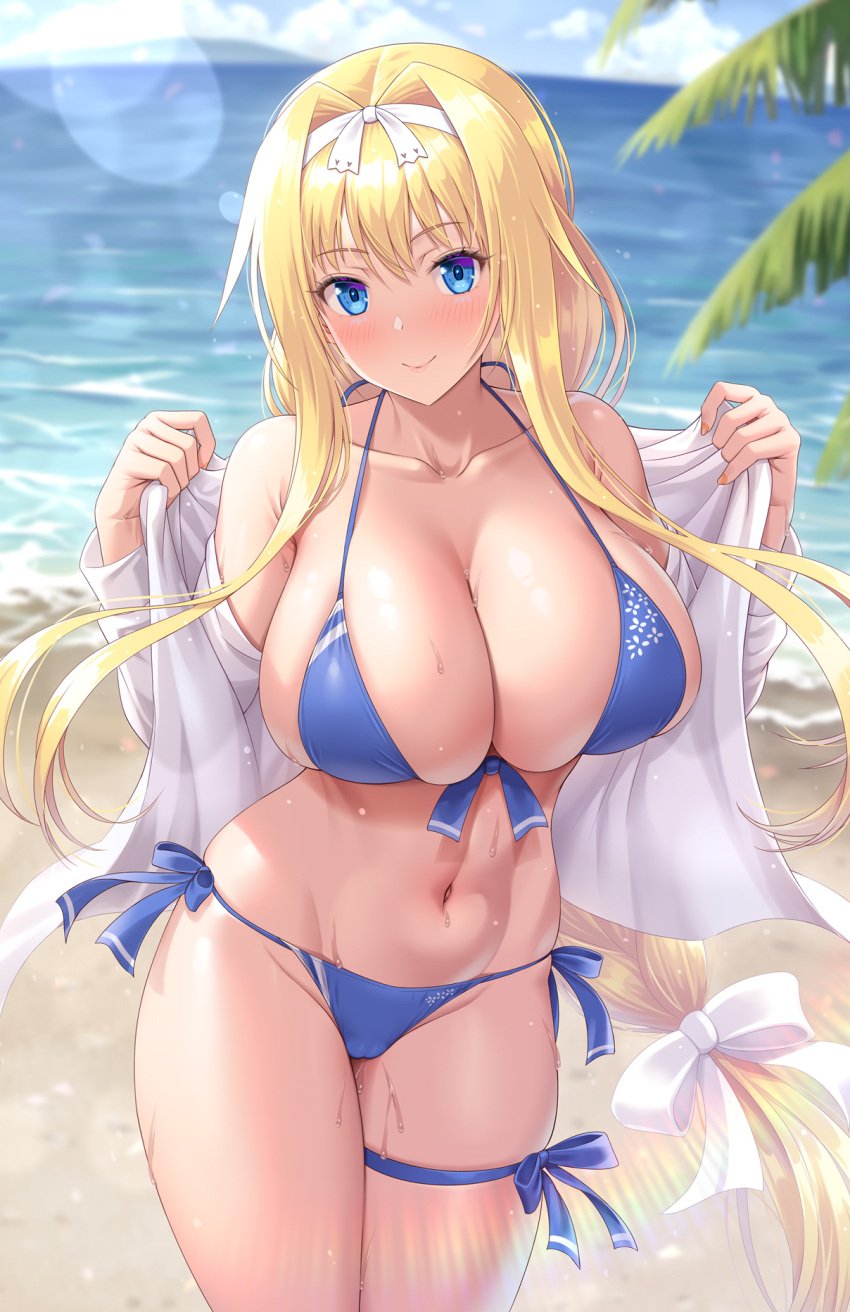 1girls alice_schuberg bikini blonde_hair blue_eyes breasts cleavage female female_human fit_female hourglass_figure huge_breasts human kawase_seiki large_breasts light-skinned_female light_skin long_hair slim_waist sword_art_online thick_thighs variant_set very_long_hair wide_hips