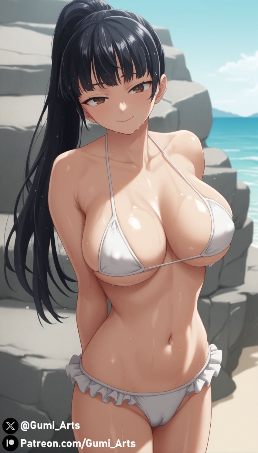 1girls ai_generated beach bikini black_hair boku_no_kokoro_no_yabai_yatsu brown_eyes cameltoe cleavage covered_nipples covered_pussy gumi_arts hand_behind_back naughty_face oiled outdoors ponytail smile stable_diffusion wet yamada_anna