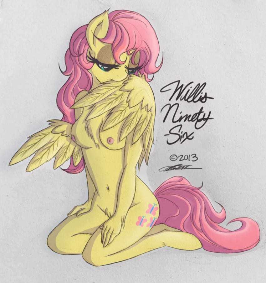 2013 anthro anthrofied blue_eyes breasts cutie_mark equine female fluttershy_(mlp) friendship_is_magic hair horse kneeling my_little_pony navel nipples nude pegasus pink_hair plain_background pony preening pussy signature solo straight_hair willis96 wings