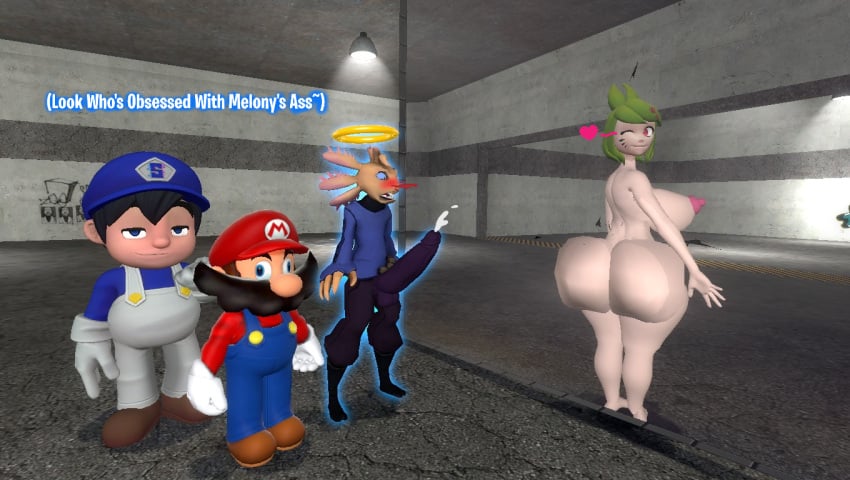 1girls 3boys 3d 3d_(artwork) ass_on_glass axol_(smg4) balls_in_pants barefoot big_ass big_breasts big_butt blushing_male boner_in_pants bubble_butt completely_nude completely_nude_female cum female full_body garry's_mod ghost gmod halo hand_on_glass kaibernation male mario mario_(series) melony_(smg4) naked naked_female nosebleed nude nude_female pink_nipples smg4 smg4_(character) squishing_ass squishy_butt thick_thighs winking