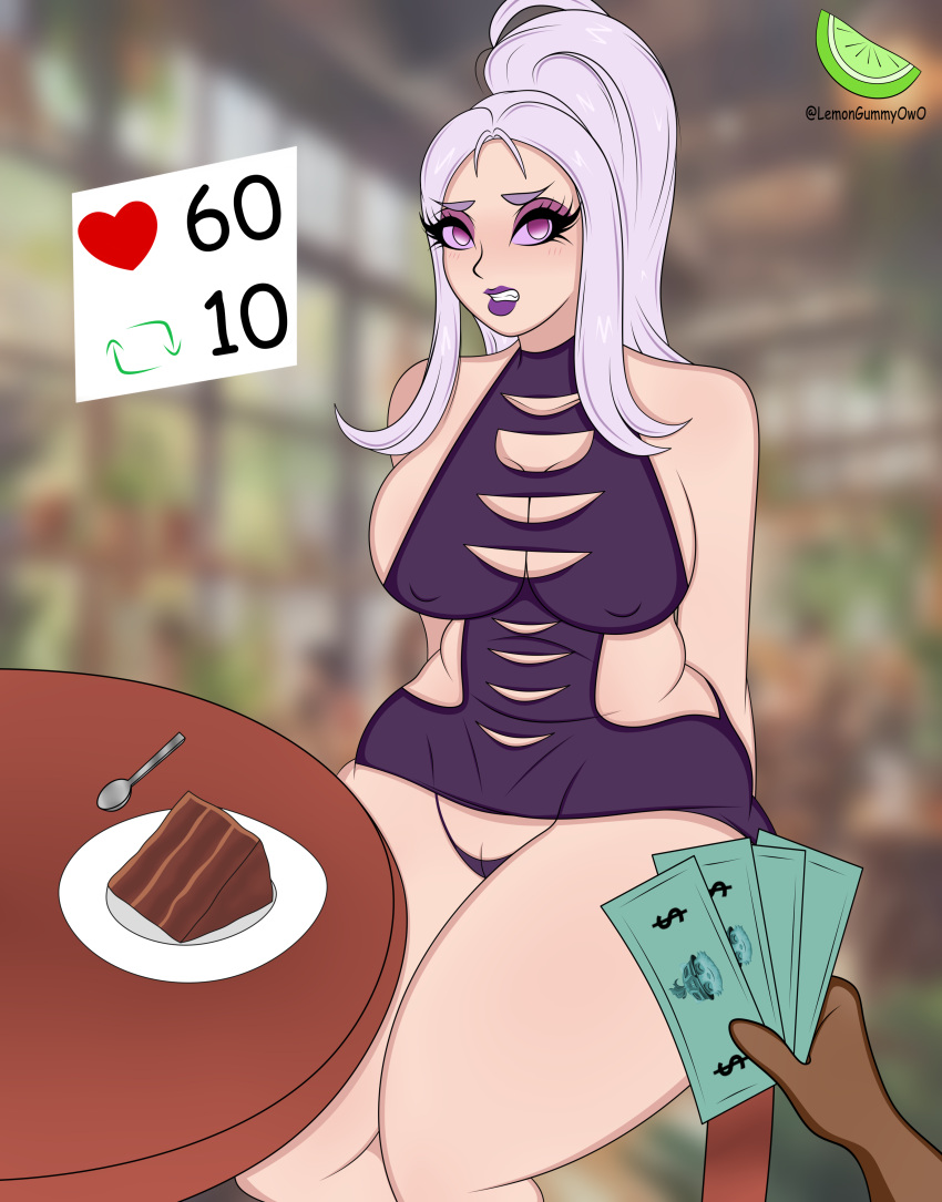 1girls big_breasts breasts chubby chubby_female clothed clothing dark-skinned_male dark_skin dress female holding_money inminent_sex league_of_legends lemongummyowo long_hair looking_at_viewer milf money partially_clothed pov purple_eyes purple_hair syndra thick_thighs thighs