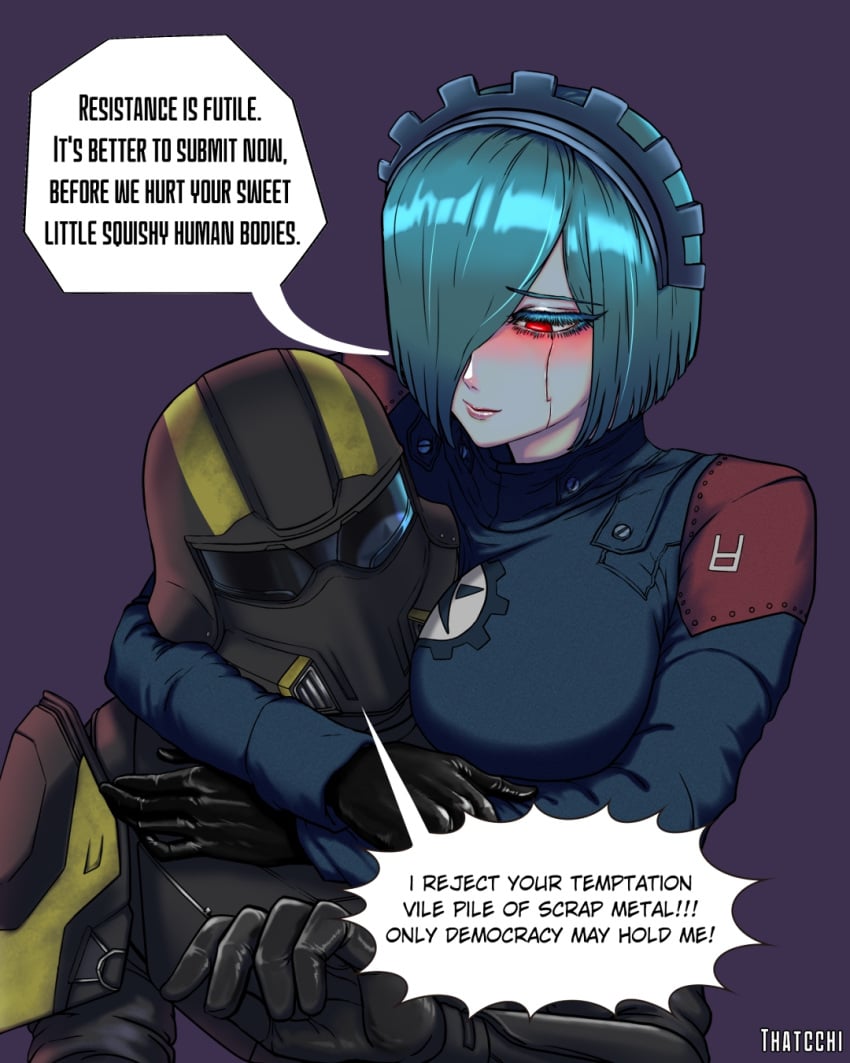 1boy 1girls armor automaton_(helldivers) english_text female hair_over_one_eye helldiver_(helldivers) helldivers_2 hugging male meme red_eyes robot robot_humanoid soldier speech_bubble teal_hair text thatcchi