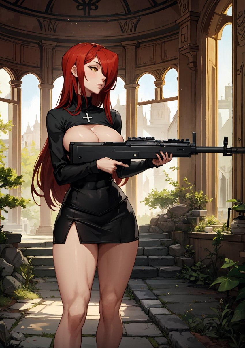 ai_generated female holding_weapon looking_at_viewer makimass_ai parasoul red_hair skullgirls video_games yellow_eyes