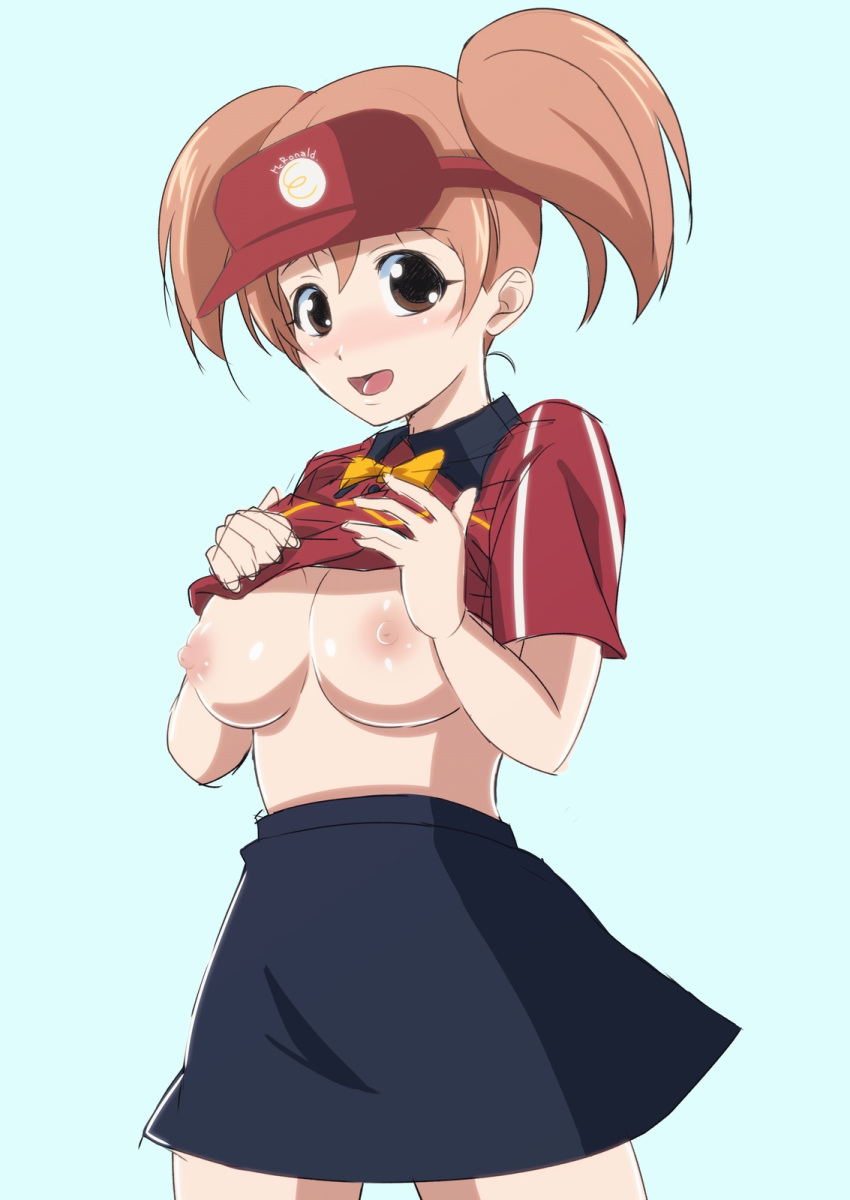 artist_request ascii_media_works blush breasts brown_eyes brown_hair dengeki_daioh female hataraku_maou-sama! huge_breasts mgronald&#039;s_uniform nipples sasaki_chiho shirt_lift skirt solo source_request tied_hair twintails visor_cap white_fox_(studio) year_request