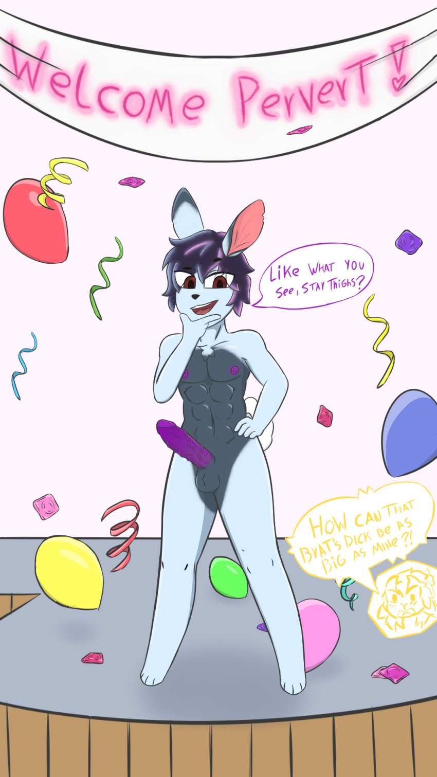 abs anthro balloon blury blury(fursona) bovid caprine comic(comicboy) flirting genitals goat hair hi_res humanoid inflatable lagomorph leporid male male_only mammal nipples nude party penis pose public public_nudity rabbit solo speech_bubble standing text vein veiny_penis