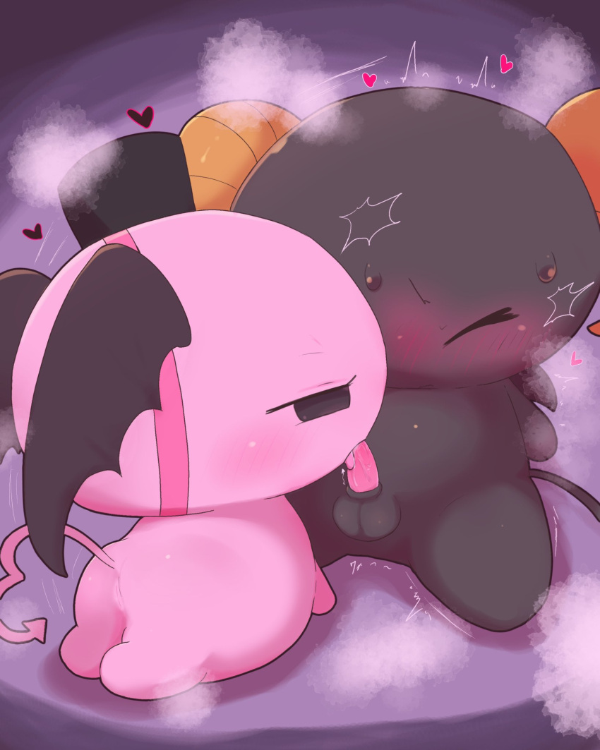 anthro ass badwingm balls berry_(lloromannic) black_body blush bodily_fluids cherry_(lloromannic) demon duo fellatio female genitals heart_symbol hi_res horn licking lloromannic male male/female oral penile penis penis_lick pink_body sanrio semi-anthro sex spade_tail sweat tail tapering_penis tongue