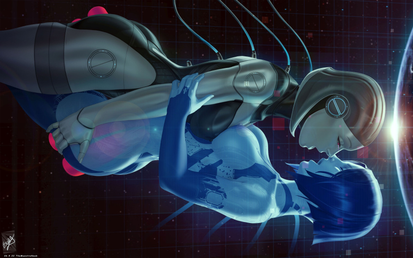 2girls blue_hair blue_skin cortana crossover edi female grabbing_ass gray_hair grey_skin halo_(series) lesbian mass_effect multiple_girls themaestronoob yuri