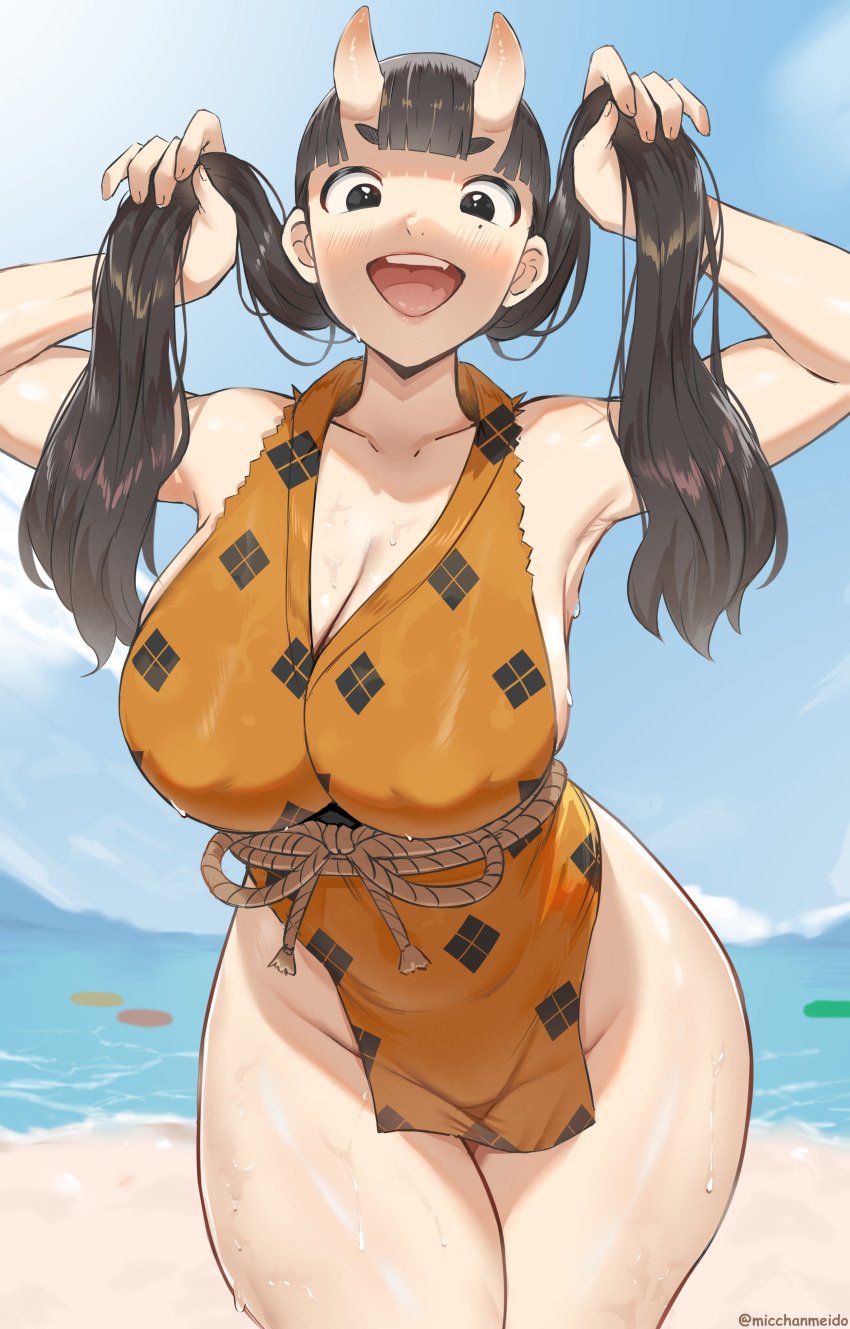 1girls beach dungeon_meshi female female_only hair_lift holding_hair holding_own_hair horns huge_breasts inutade_(delicious_in_dungeon) large_breasts light-skinned_female micchan_(micchanmeido) ogre_girl oni oni_female oni_horns pale-skinned_female slim_waist solo thick_thighs twintails wide_hips