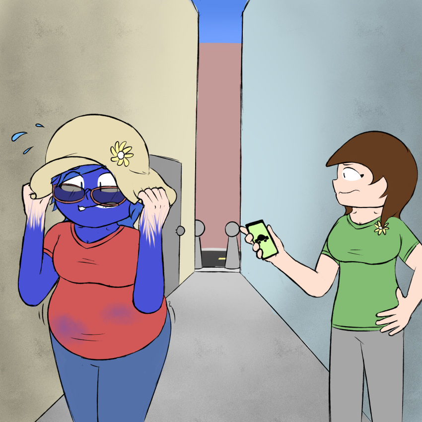 2girls alleyway ass_expansion belly_expansion blue_hair blue_pants blue_skin blueberry_inflation breast_expansion brown_hair brown_hair cellphone covering covering_self expansion green_shirt grey_pants inflation light-skinned_female pinnacle22 red_shirt skin_turning_blue sun_hat sunglasses