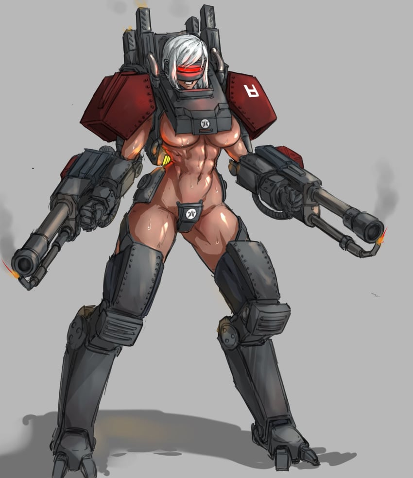 2d automaton_(helldivers) belly_button blood breasts cyborg dark-skinned_female dark_skin english_text female female_focus female_only grey_background helldivers helldivers_2 large_breasts red_eyes robot robot_girl robot_humanoid sirpetus skull solo_female text thick_thighs toned_female underboob weapon white_hair