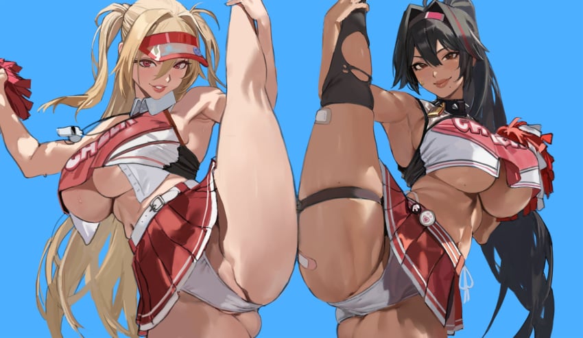 2girls bandaids bay_(nikke) belly_button black_hair blonde_hair blue_background blush cap cheerleader cheerleader_uniform clay_(nikke) dark-skinned_female dark_skin female female_only goddess_of_victory:_nikke hintobento light-skinned_female light_skin looking_at_viewer no_bra panties pom_poms ponytail red_eyes simple_background smile standing_split twintails underboob uniform visor visor_cap white_panties