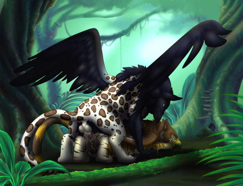 anthro avian balls bird blue_eyes closed_eyes cum cum_in_pussy cum_inside doggy_style feathers female feral feral_on_feral forest from_behind gryphon interspecies knon lying male orgasm penetration penis sex tree vaginal_penetration wings