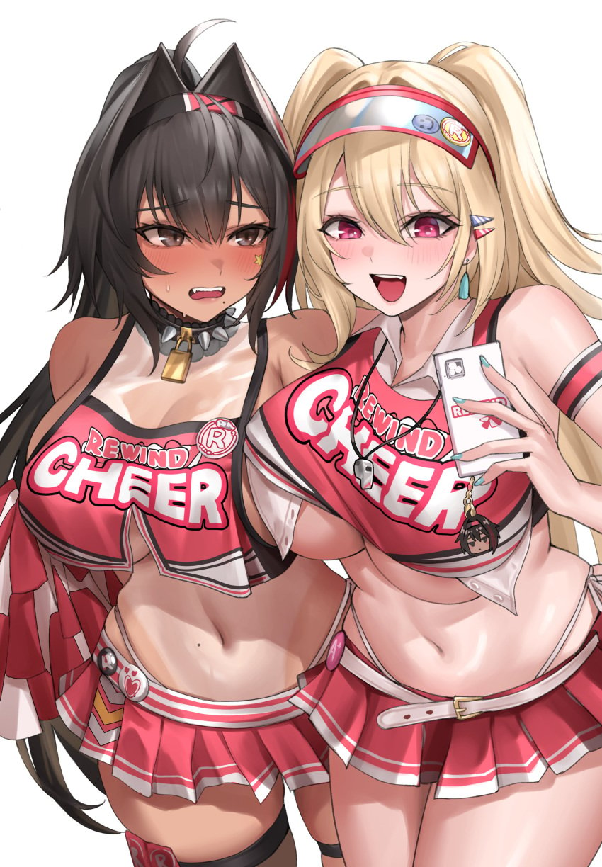 2girls bay_(nikke) blonde_hair blush breasts brown_eyes brown_hair cheerleader cheerleader_uniform chocolate_and_vanilla clay_(nikke) cleavage collar dark-skinned_female dark_skin embarrassed female female_only goddess_of_victory:_nikke hairband huge_breasts kuronerinka light-skinned_female light_skin long_hair midriff naughty_face navel nervous open_mouth phone red_eyes selfie smile spiked_collar underboob white_background