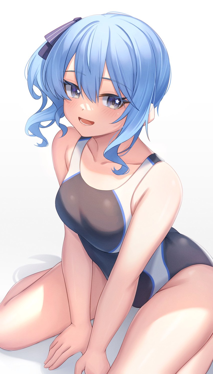 1girls aoi_zerii bare_shoulders blue_eyes blue_hair blue_ribbon blush breasts collarbone covered_navel hair_between_eyes hair_ribbon highleg highleg_swimsuit hololive hololive_gen_0 hololive_japan hoshimachi_suisei medium_hair open_mouth side_ponytail small_breasts solo star_in_eye thighs virtual_youtuber