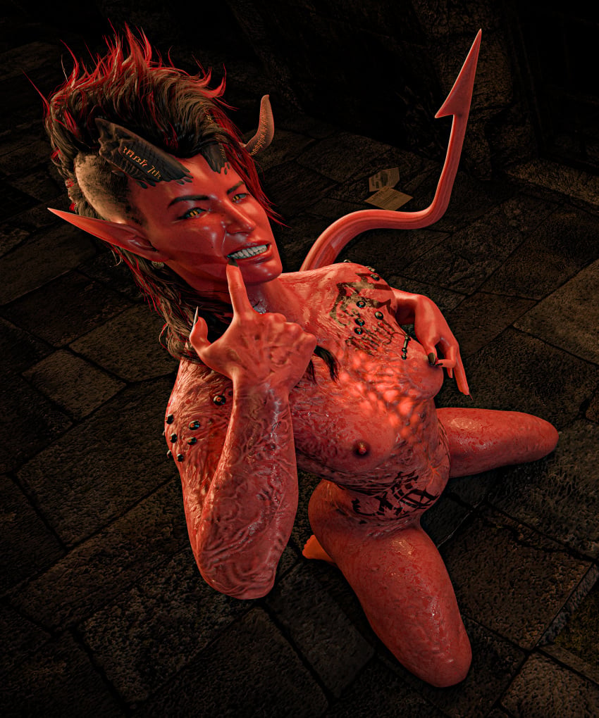 3d 3d1viner 3d_(artwork) 4k baldur's_gate baldur's_gate_3 black_hair blender breasts burn_scar busty claws dungeon dungeons_and_dragons fangs fantasy female female_only glowing glowing_eyes high_resolution highres horn horns karlach kneeling looking_at_viewer naked nipple_play nude red_body red_hair shiny_skin solo solo_female sweat tagme tail tattoo tattoos tiefling video_games