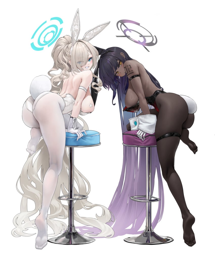 2girls alternate_hairstyle ass asuna_(blue_archive) asuna_(bunny)_(blue_archive) asuna_(bunny_girl)_(blue_archive) b-pang bare_back bare_shoulders black_pantyhose blonde_hair blue_archive blue_eyes blush bpang72709895 bunnysuit dark-skinned_female dark_skin eyes_visible_through_hair female footwear hair_between_eyes hair_over_one_eye hanging_breasts happy hi_res karin_(blue_archive) karin_(bunny)_(blue_archive) karin_(bunny_girl)_(blue_archive) large_ass large_breasts leotard light_brown_hair long_hair looking_at_viewer looking_back multiple_girls pantyhose ponytail purple_hair rabbit_ears rabbit_girl rabbit_tail tattoo thick_thighs thigh_strap thighs uncensored very_long_hair white_gloves white_pantyhose wide_hips wrist_cuffs yellow_eyes