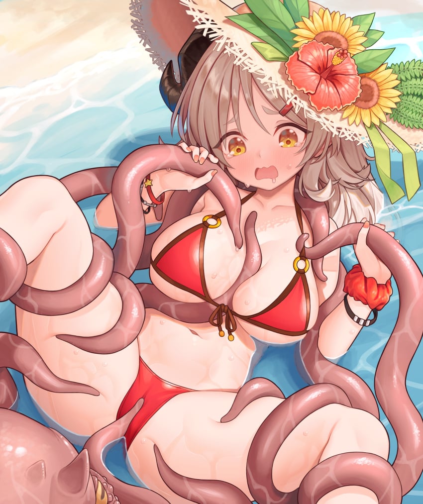 absurdres bare_shoulders beach bikini black_horns blue_archive blush bondage bound bound_legs breasts brown_eyes brown_hair cephalopod curled_horns day female flower front-tie_bikini_top front-tie_top hair_ornament hairclip hat hat_flower hibiscus highres horns izumi_(blue_archive) izumi_(swimsuit)_(blue_archive) large_breasts long_hair nana_merou navel o-ring o-ring_bikini octopus official_alternate_costume open_mouth outdoors partially_submerged rape red_bikini restrained spread_legs stationary_restraints straw_hat sun_hat sweat swimsuit tentacle tentacle_grab tickling tickling_pussy water wet yellow_eyes zoophilia