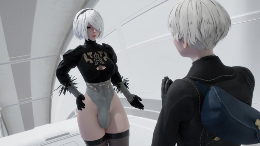 1boy 1futa 3d breasts bulge clothed clothing cr3epsfm futa_with_male futanari light-skinned_futanari light-skinned_male light_skin male nier nier:_automata penis penis_under_clothes short_hair thighhighs white_hair yorha_2b yorha_9s