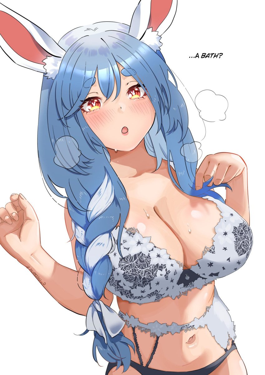 1girls 2d :o animal_ears anime_nose artist_name big_navel blue_eyebrows blue_hair blush blush_lines blushing bra braid breasts circle_eyebrows english_text eyebrows female female_only fluffy_ears front_view hololive hololive_fantasy hololive_japan kureigu large_breasts light-skinned_female light_skin mature_female milf navel ornate_bra pale-skinned_female pale_skin pekomama pink_inner_ear question rabbit_ears single_braid solo two_tone_hair upper_body virtual_youtuber watermark white_and_blue_hair white_ears