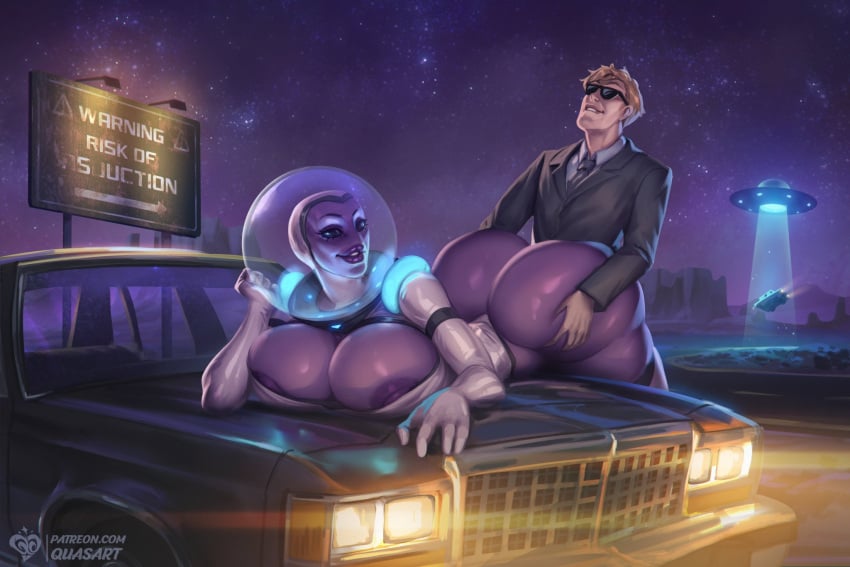 alien alien_girl bent_over breasts car car_hood cizi clothed clothed_sex clothing doggy_style from_behind from_behind_position grab grabbing grabbing_ass grabbing_from_behind groping groping_ass groping_from_behind huge_ass huge_breasts interspecies night night_sky nipples on_car original_character purple_body purple_skin quasart small_dom_big_sub