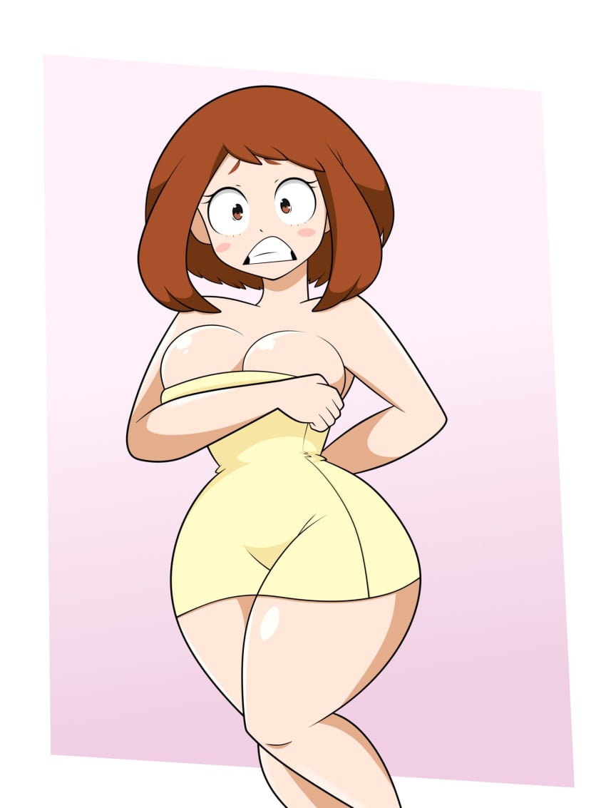 after_shower alternate_version big_breasts blush boku_no_hero_academia dumbp13 embarrass embarrassed_female looking_at_viewer my_hero_academia ochako_uraraka shiny shiny_skin thick_thighs towel towel_only