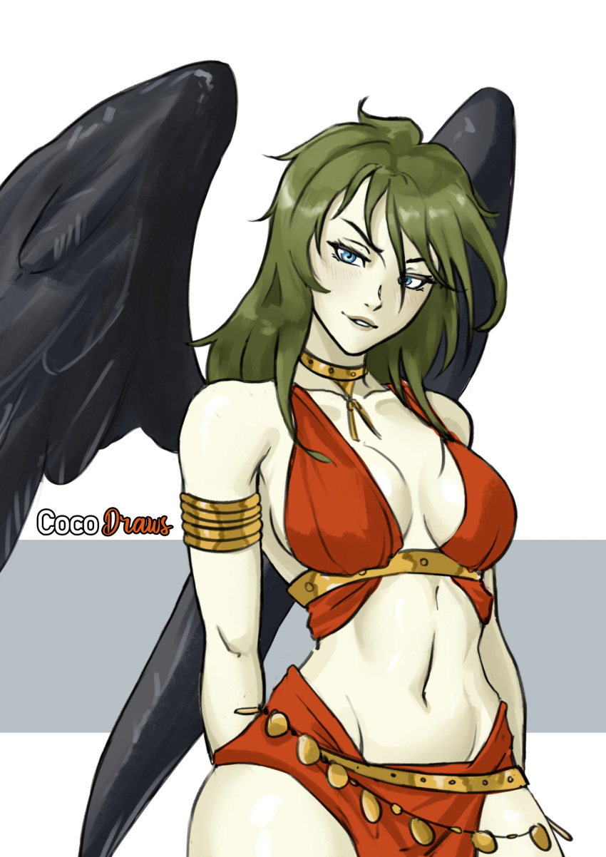 alternate_costume black_wings cocodraws dancer dancer_outfit fire_emblem fire_emblem:_radiant_dawn laguz laguz_(race) navel tagme vika_(fire_emblem) wings