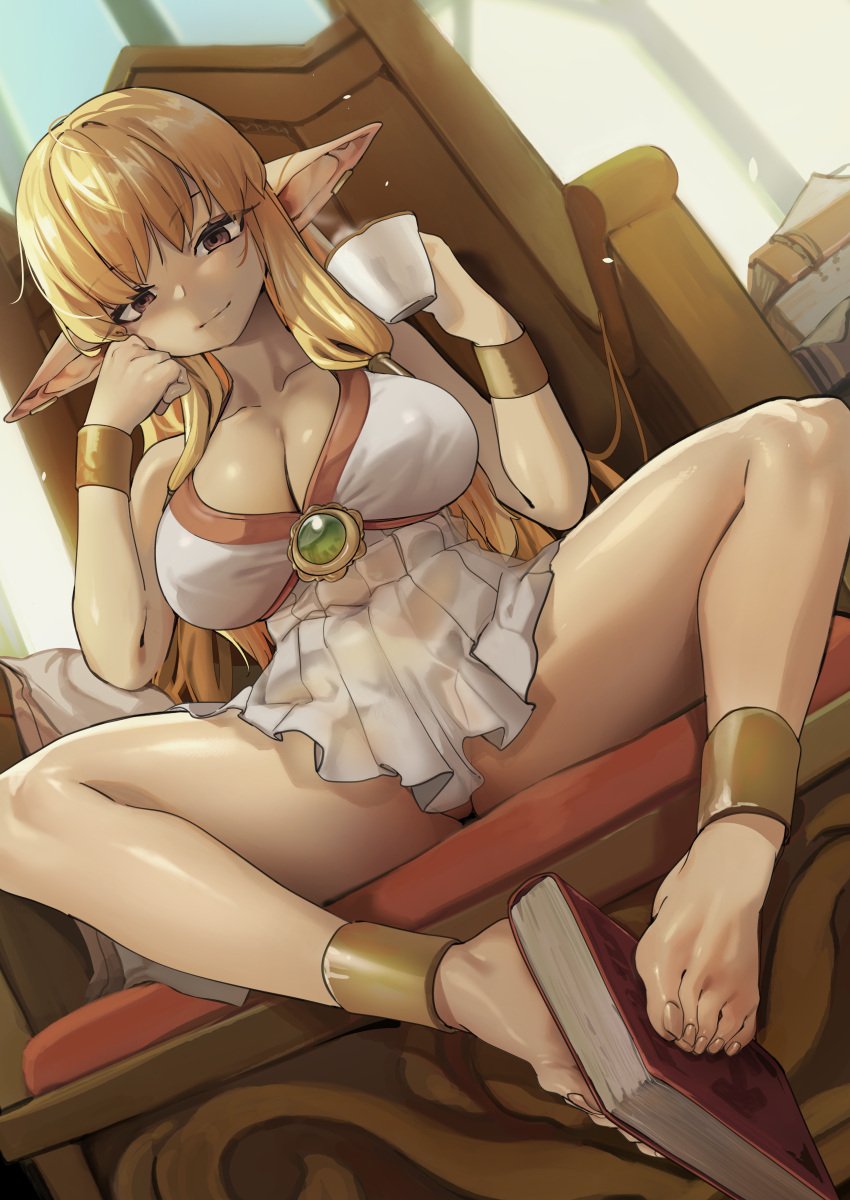 ankle_cuffs barefoot big_breasts blonde_hair elf elf_ears feet female foot_fetish footjob looking_at_viewer nipple_bulge pink_eyes serie_(sousou_no_frieren) sousou_no_frieren tamada_heijun thighs white_skin white_skirt wrist_cuffs
