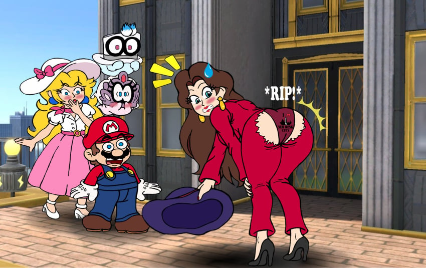 ass cappy_(mario) dcb2art embarrassed_underwear_female euf mario mario_(series) outdoors panties pauline princess_peach print_panties ripped_pants super_mario_odyssey tagme tearing_open_bottoms tiara_(mario) torn_clothes torn_open_bottoms wardrobe_malfunction