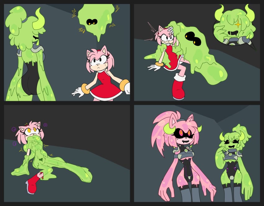 amy_rose assimilation black_eyes black_sclera body_invasion body_modification breasts comic comic_page female female_only femsub horns multicolored_eyes pink_body pink_hair possession rakuma-imp slime slime_girl smile sonic_(series) sonic_the_hedgehog_(series) spiral thigh_gap torn_clothes transformation yellow_eyes