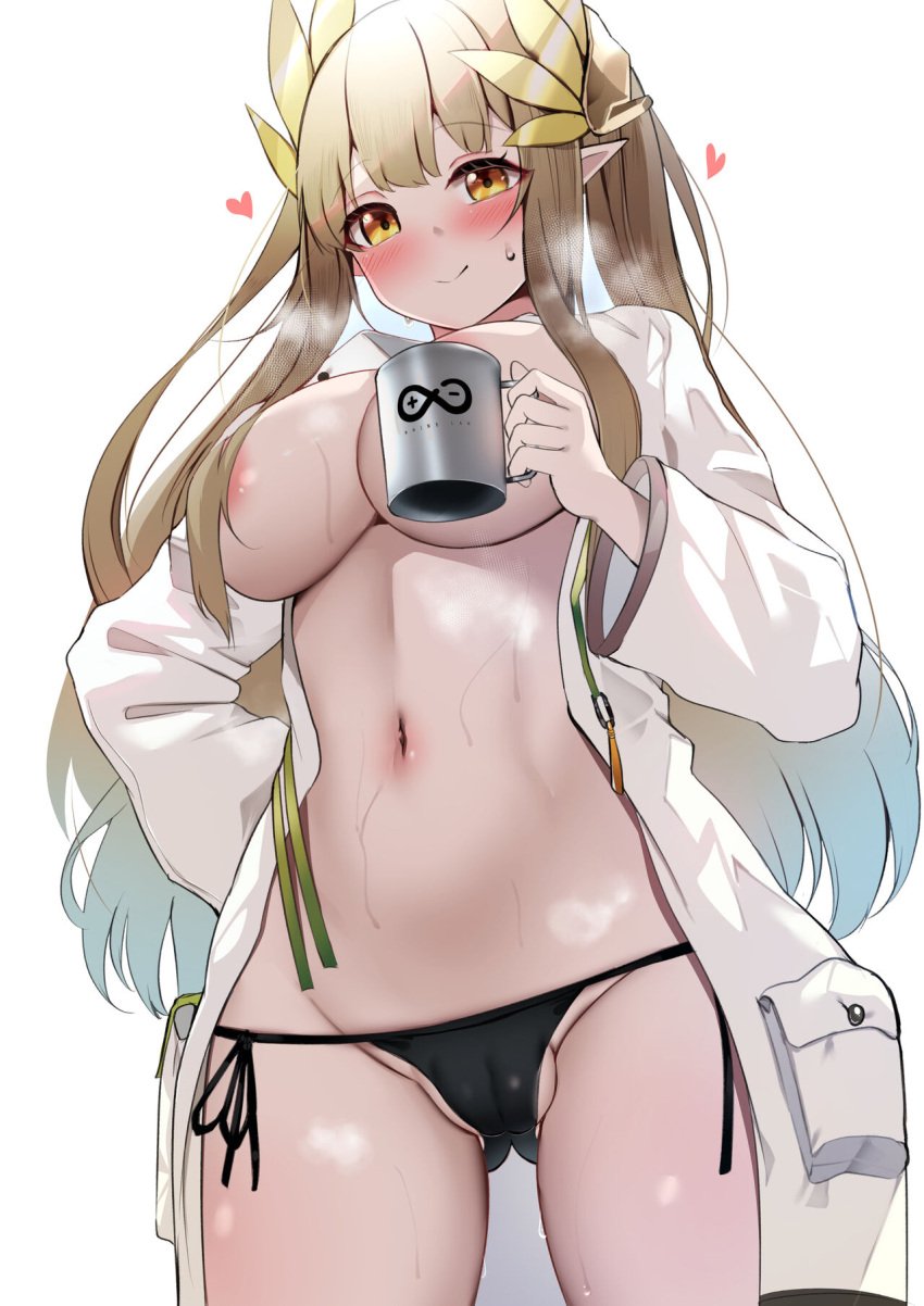 1girls 2024 alternate_breast_size arknights big_breasts black_panties blonde_hair blonde_hair breasts breasts_out coffee coffee_mug covered_nipples curvy elf hair heart hi_res kokihanada light-skinned_female light_skin long_hair looking_at_viewer muelsyse_(arknights) no_bra panties pointy_ears simple_background smile solo standing sweat thick yellow_eyes