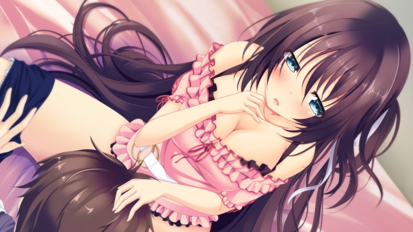 bare_shoulders bed belt blue_eyes blush breasts brown_hair cleavage female game_cg hand_on_head highres kazakura koi_shiyo? large_breasts legs long_hair looking_down oral purple_hair short_hair sitting spread_legs thighs