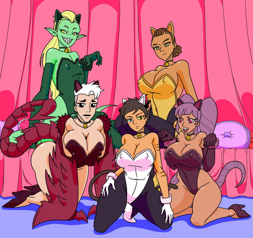 ambiguous_gender big big_breasts cat_ears catra double_trouble entrapta flat_chest green_catsuit heterochromia lonnie_(she-ra) nipples_visible_through_clothing purple_catsuit red_cat scorpia_(she-ra) she-ra_and_the_princesses_of_power thathornybastard white_catsuit yellow_catsuit