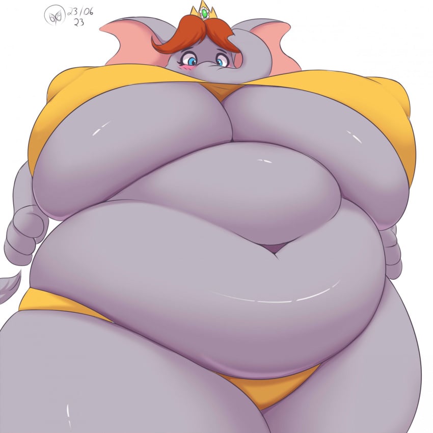 1girls anthro belly bikini bikini_bottom bikini_top blue_eyes blush blush_lines breasts brown_hair crown elephant elephant_daisy elephant_humanoid elephantid fat fat_woman female female_only flower furry grey_body hidenafox hips huge_belly hyper hyper_breasts large_breasts mario_(series) nintendo nipple_bulge obese obese_female overweight overweight_female princess princess_daisy solo stomach super_mario_bros._wonder thick_thighs thighs underboob weight_gain wide_hips