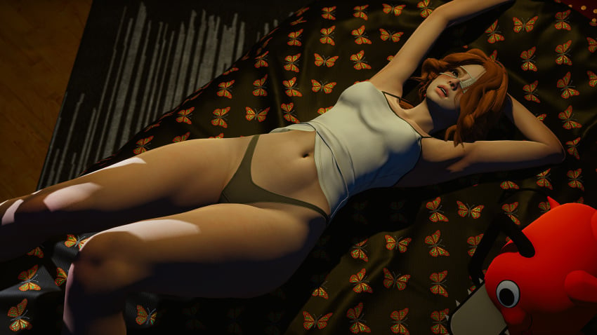 1girls 3d bed belly belly_button blush boobs breasts brown_eyes butterfly_print caribdis eternum eyepatch eyewear female female_focus female_only green_panties hair human looking_up lying lying_down lying_on_back lying_on_bed medium_breasts nova_(eternum) open_mouth orange_hair panties pochita_(chainsaw_man) red_hair solo solo_female solo_focus tank_top tits underwear white_tank_top