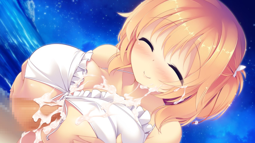 bikini blonde_hair blush breast_squeeze breasts censored closed_eyes cum cum_on_body cum_on_breasts cum_on_hair cum_on_upper_body embarrassed facial female game_cg happy huge_breasts kazakura koi_shiyo? night ocean paizuri penis short_hair smile star swimsuit water