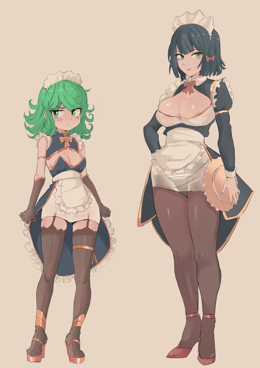 2girls athletic athletic_female big_ass big_breasts big_butt big_thighs black_hair cafin female female_only fubuki_(one-punch_man) girl girls gloves green_eyes green_hair legs maid maid_outfit maid_uniform multiple_girls one-punch_man pantyhose small_breasts smaller_female stockings tatsumaki thick thick_ass thick_legs thick_thighs thighhighs thighs