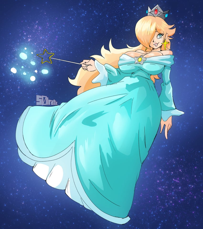 1girls big_breasts boob_window casual casual_nudity clothed dress female female_only good_artwork mario_(series) nintendo no_bra princess_dress princess_rosalina solo solraticart super_mario_galaxy