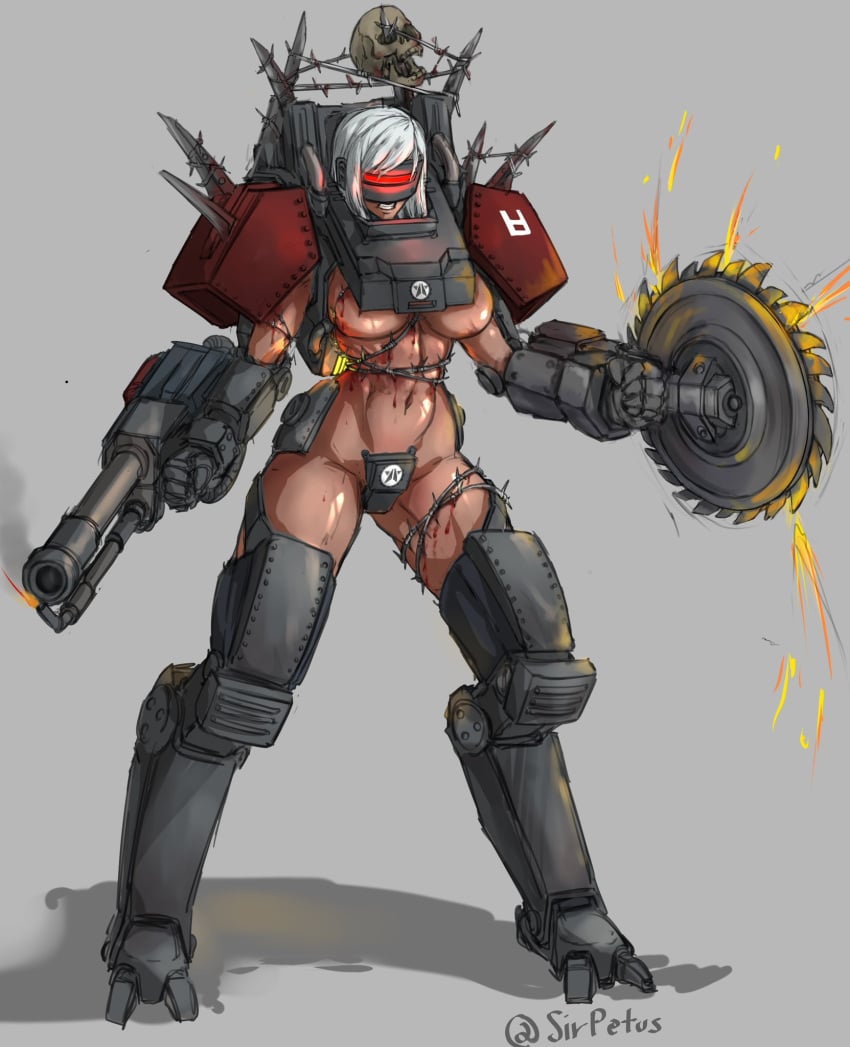 2d automaton_(helldivers) belly_button blood breasts cyborg dark-skinned_female dark_skin english_text female female_focus female_only grey_background helldivers helldivers_2 large_breasts red_eyes robot robot_girl robot_humanoid sirpetus skull solo_female text thick_thighs toned_female underboob weapon white_hair