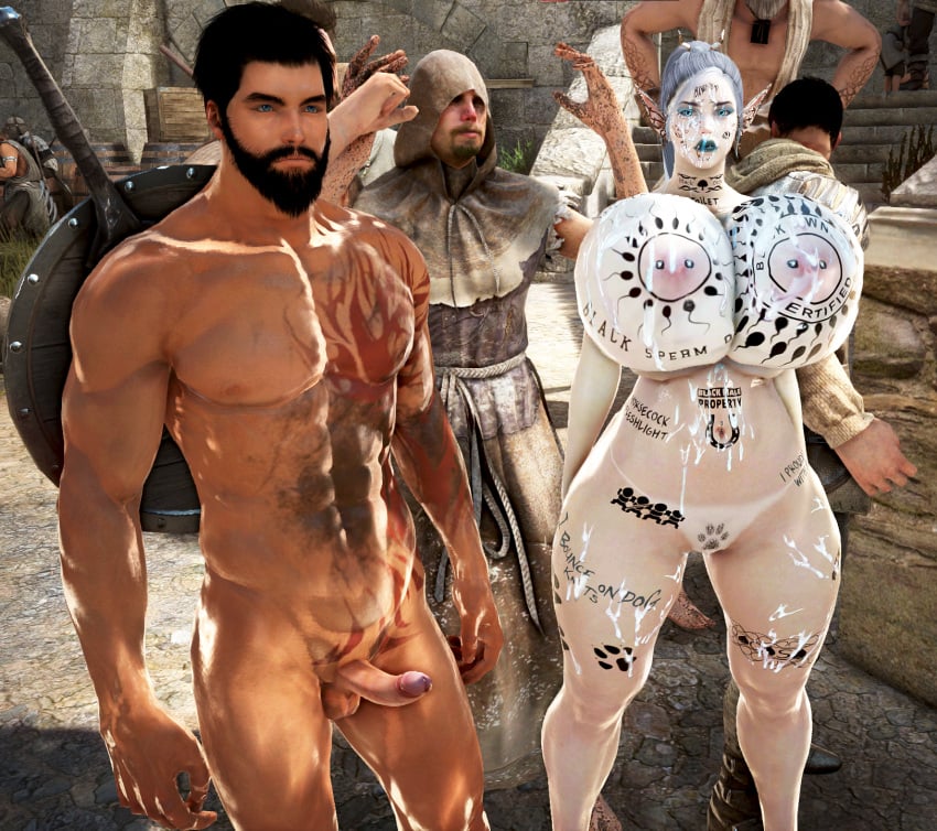 3d bdo bimbo black_desert_online body_writing cow_tits cumdumpster dark_elf degradation elf elves huge_breasts humiliation onahole qos queen_of_spades screenshot snow_elf tattoo tattoos