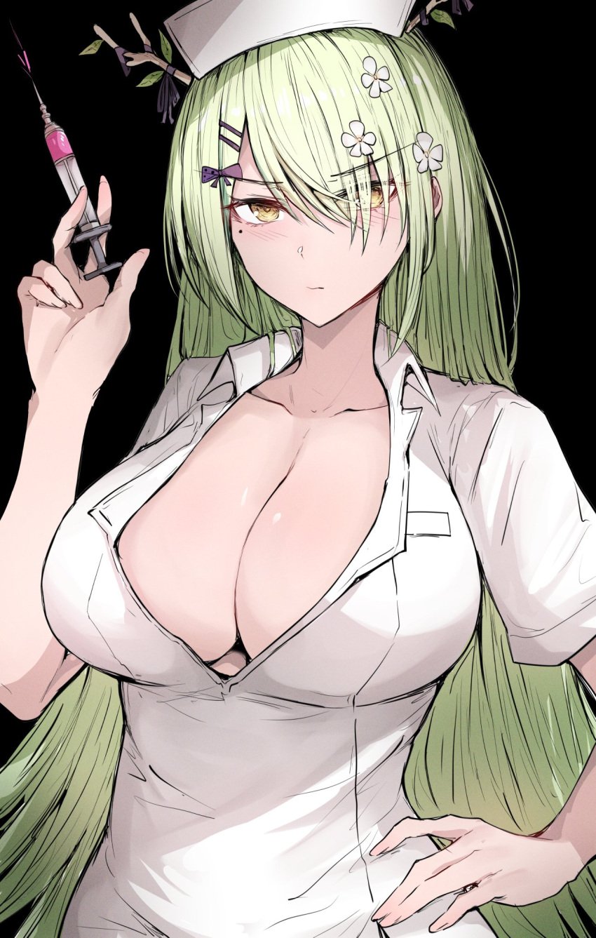 1girls breasts ceres_fauna cleavage cute flowers_in_hair green_hair hand_on_hip hololive hololive_english hololive_english_-council- hololive_english_-promise- large_breasts nurse nurse_uniform sakiya syringe virtual_youtuber