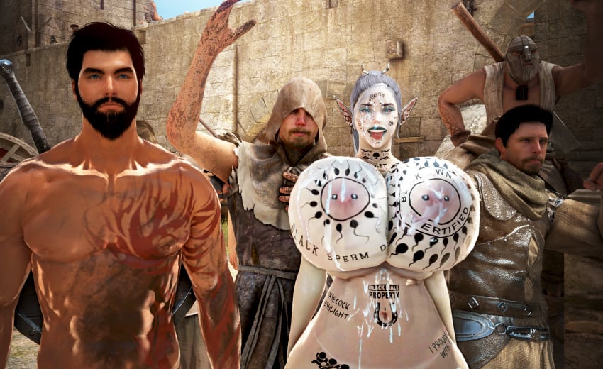 3d bdo bimbo black_desert_online body_writing cow_tits cumdumpster dark_elf degradation elf elves huge_breasts humiliation onahole qos queen_of_spades screenshot snow_elf tattoo tattoos yourbdowhore