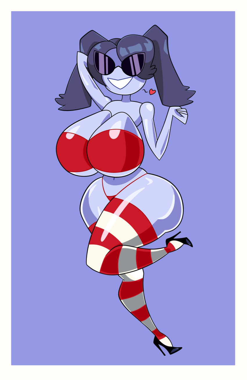 arm_behind_head big_breasts bikini bikini_top clothed clothed_female clothing disney dumbp13 heart heels knick_knack shiny shiny_skin skullgirls squigly sunglasses sunnification thick_ass thick_thighs thigh_socks thong