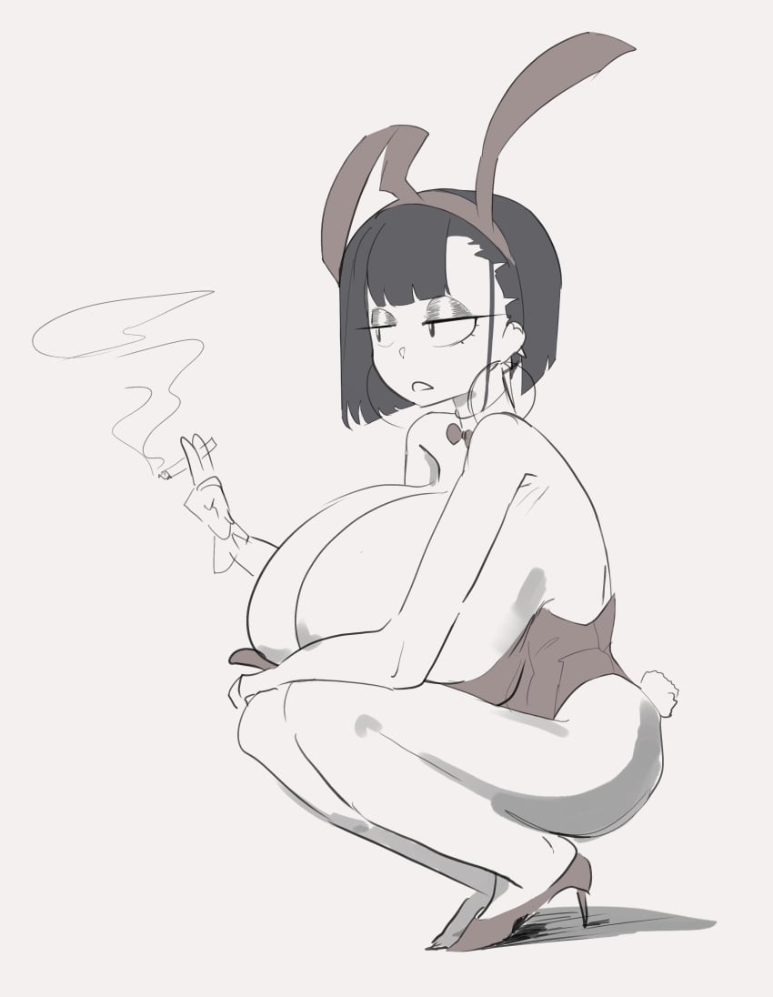 1girls big_breasts booruguru breasts breasts_bigger_than_head bunny_ears bunny_girl bunnysuit cigarette easter female female_focus female_only goth_(booruguru) hoop_earrings_oversized huge_breasts light-skinned_female light_skin rabbit_ears rabbit_girl smoking smoking_cigarette solo solo_female solo_focus top_heavy