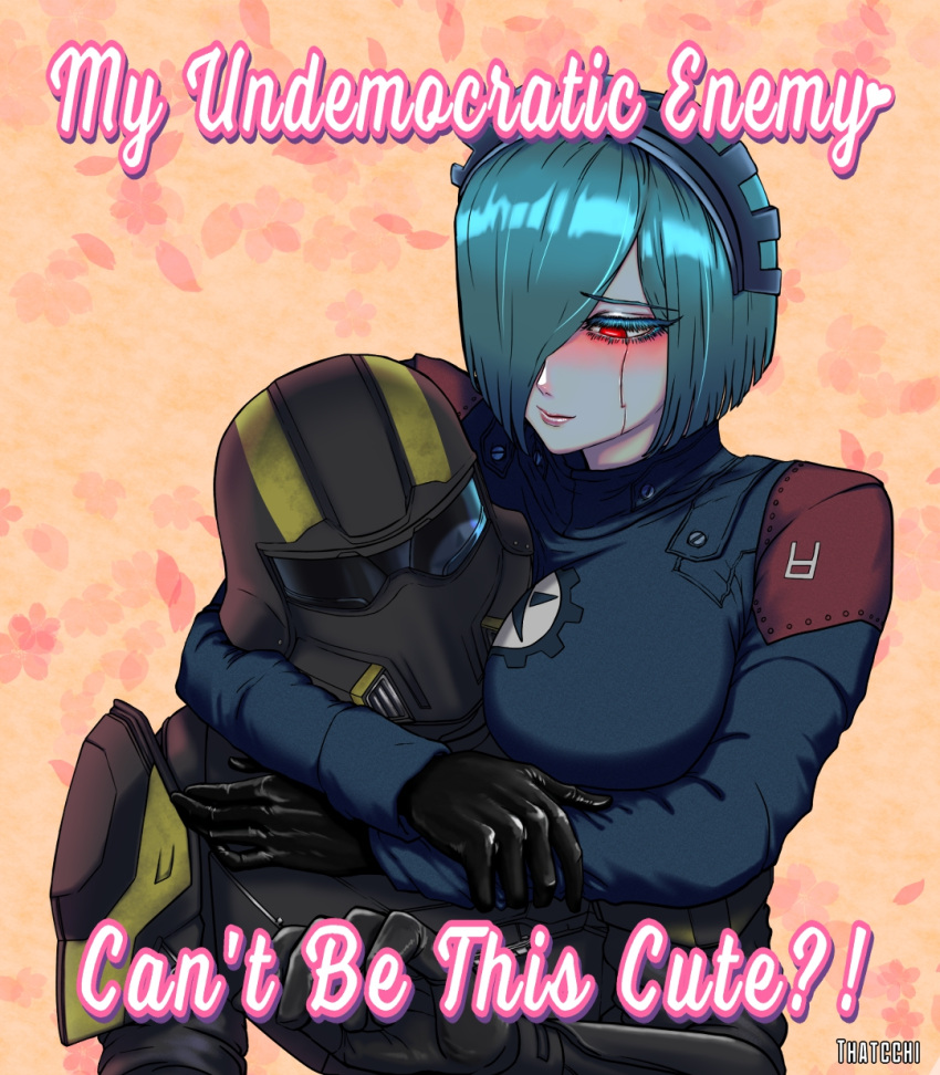 1boy 1girls armor automaton_(helldivers) english_text female hair_over_one_eye helldiver_(helldivers) helldivers_2 hugging male meme red_eyes robot robot_humanoid soldier teal_hair text thatcchi