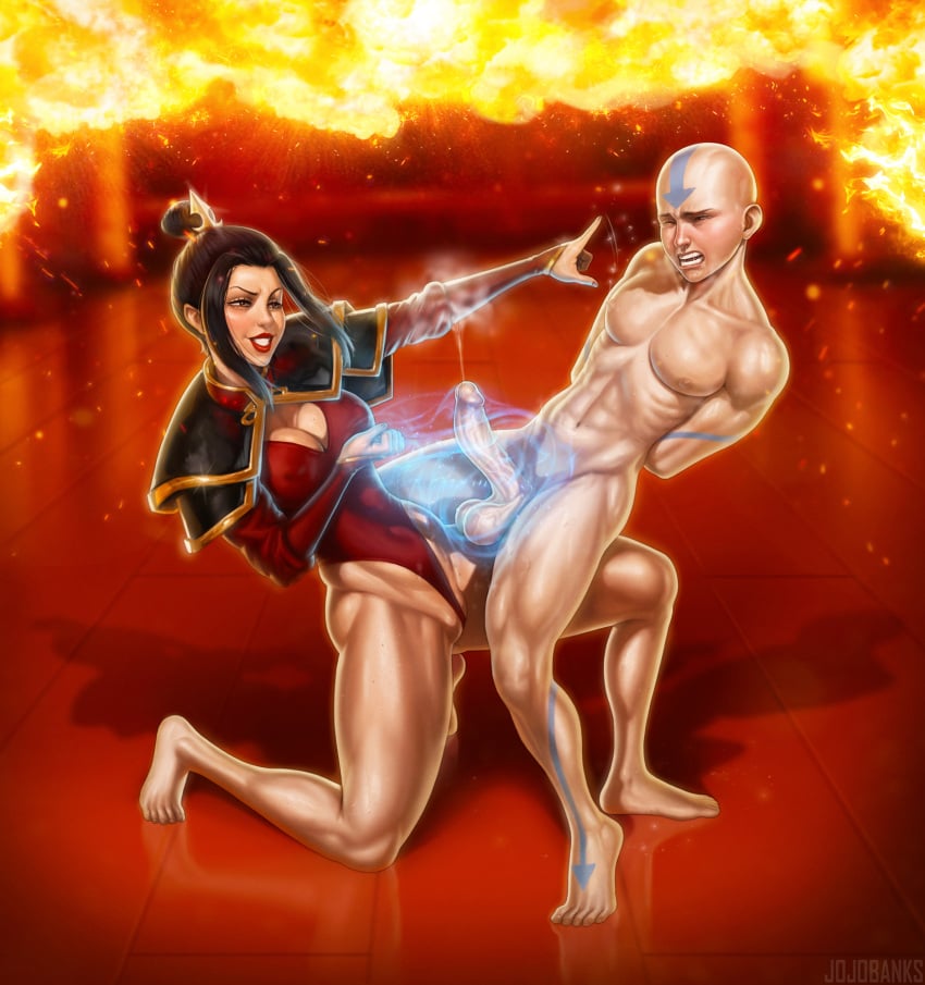 1boy 1girls aang air_nomad airbender_tattoo avatar_legends avatar_the_last_airbender azula bald big_penis bound clothed_female_nude_male female femdom fire fire_nation human jojobanks male nipple_flick penis smile the_avatar