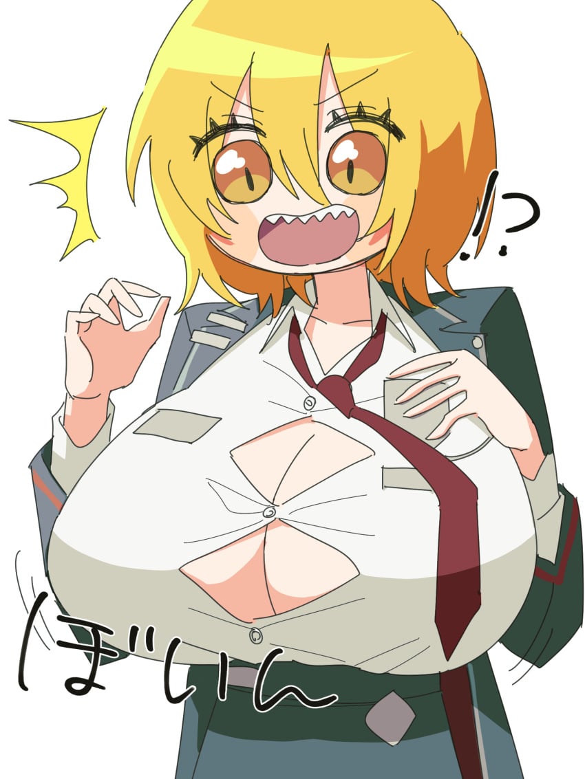 1girls big_breasts blonde_hair breast_expansion breasts clothing don_quixote_(limbus_company) limbus_company project_moon short_hair surprised yellow_eyes