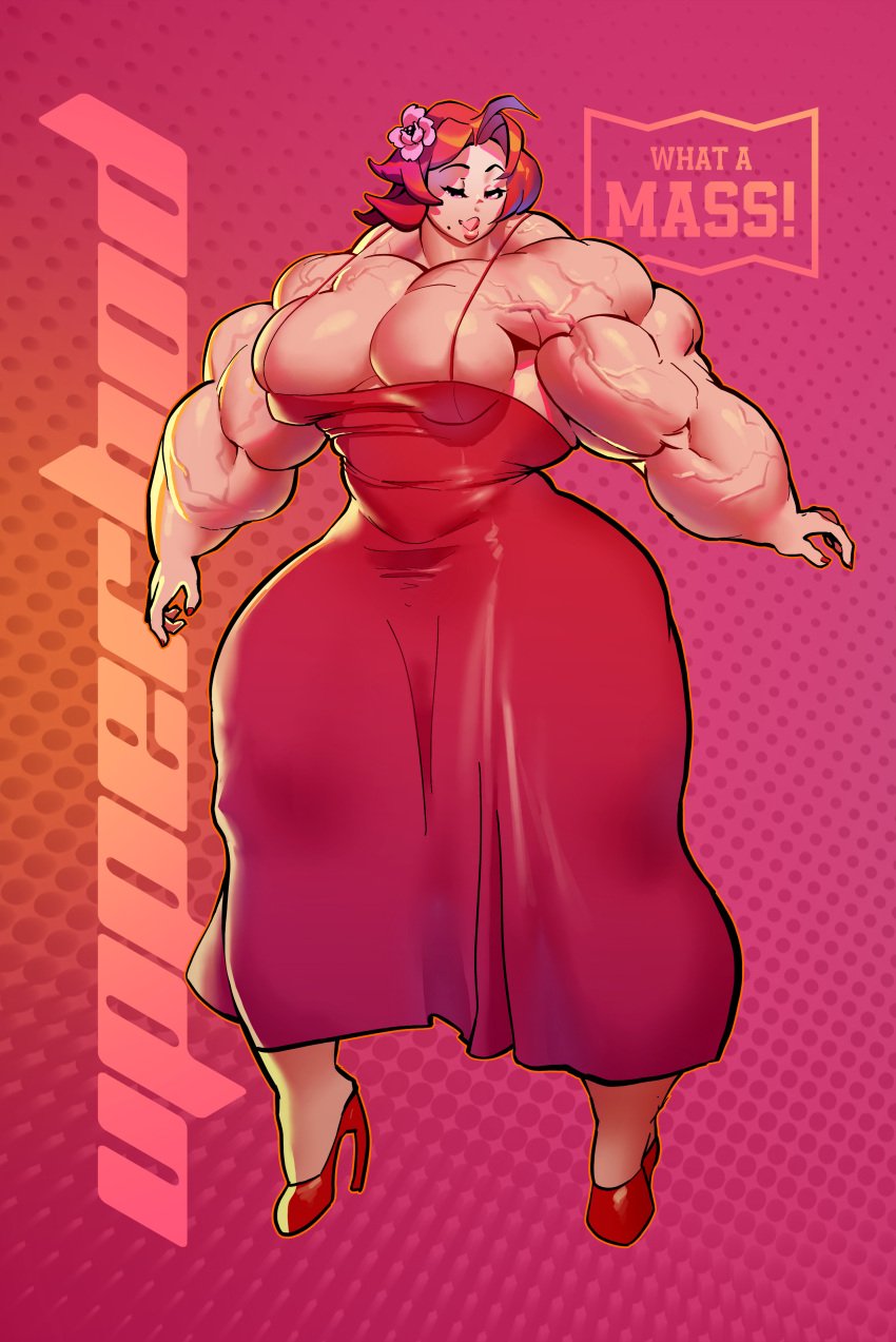 artist_name big_ass big_breasts big_butt big_muscles brown_hair looking_at_viewer muscle muscle_girl muscles muscular muscular_arms muscular_female muscular_legs muscular_thighs posing posing_for_the_viewer red_dress red_high_heels rose_(flower) text tight_fit upper_body veins veiny_muscles what_a_mass!